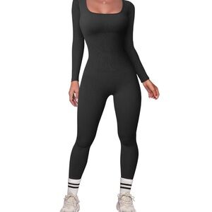 Yoga Jumpsuits Workout Ribbed Long Sleeve Square Neck Sport JumpsuitsSize Large